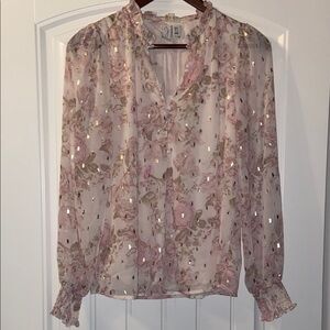 Joie Cream Sequin Ruffled Blouse with Mandarin Collar
